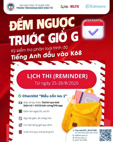 HƯỚNG DẪN KIỂM TRA PHÂN LOẠI TRÌNH ĐỘ TIẾNG ANH ĐẦU VÀO THEO QUY ĐỊNH CỦA ĐH KTQD CHO SINH VIÊN K68