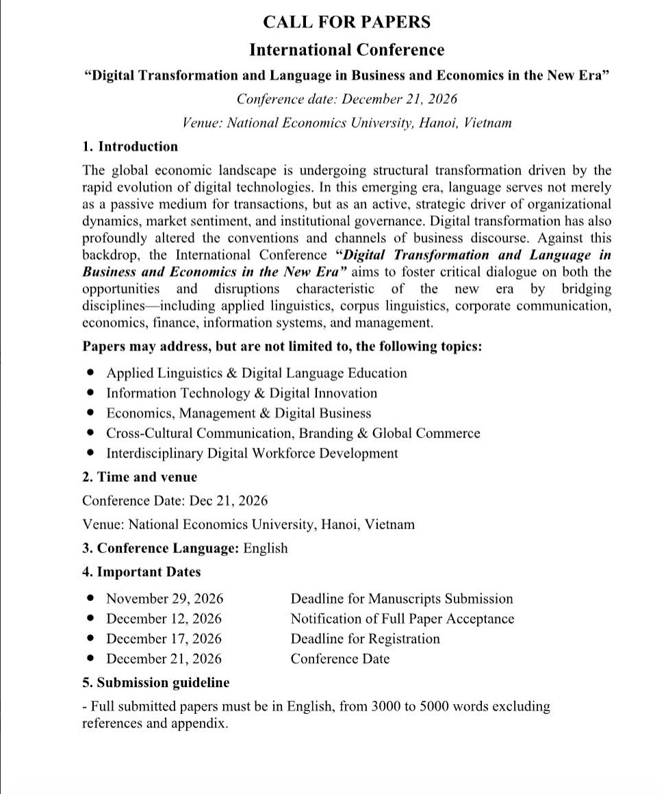 CALL FOR PAPERS International Conference “Digital Transformation and Language in Business and Economics in the New Era”